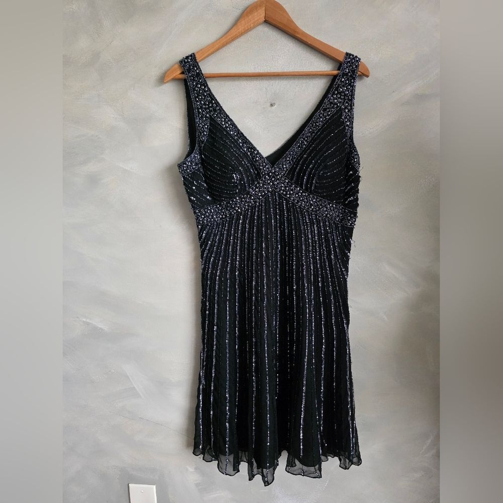 Black Fully Sequin Beaded Flapper Style Cocktail Dress Sleeveless Silk Sz 14 - Picture 11 of 16